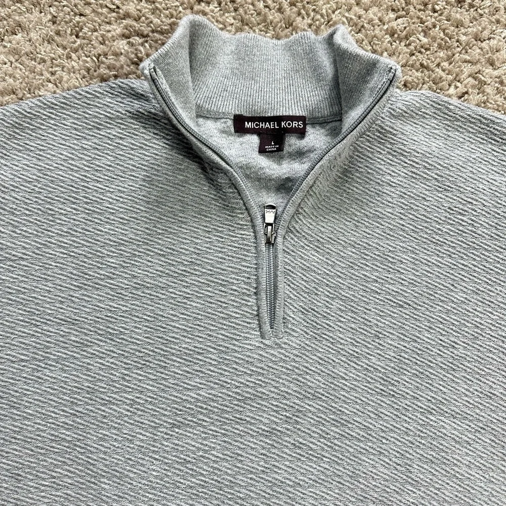 #2520  Michael Kors Sz L Heather Gray Sweater 1/4 Zipper 100% Cotton